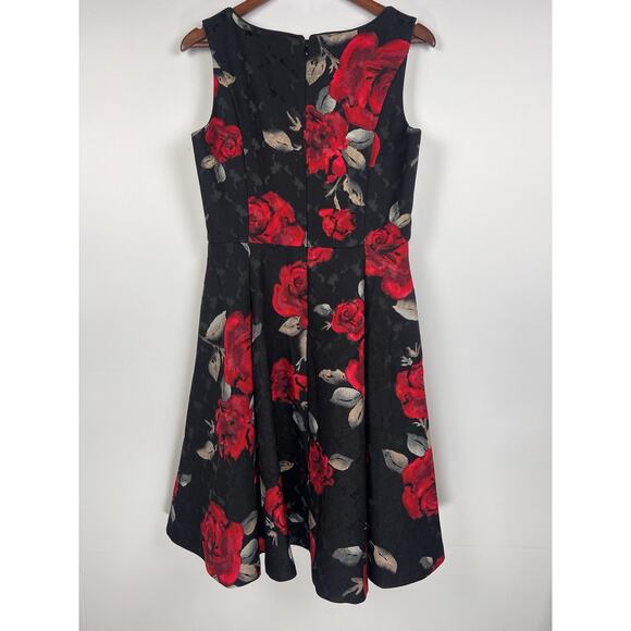 White House Black Market Black Red Rose Fit & Flare Floral Coktail Dress 10 - Picture 3 of 11